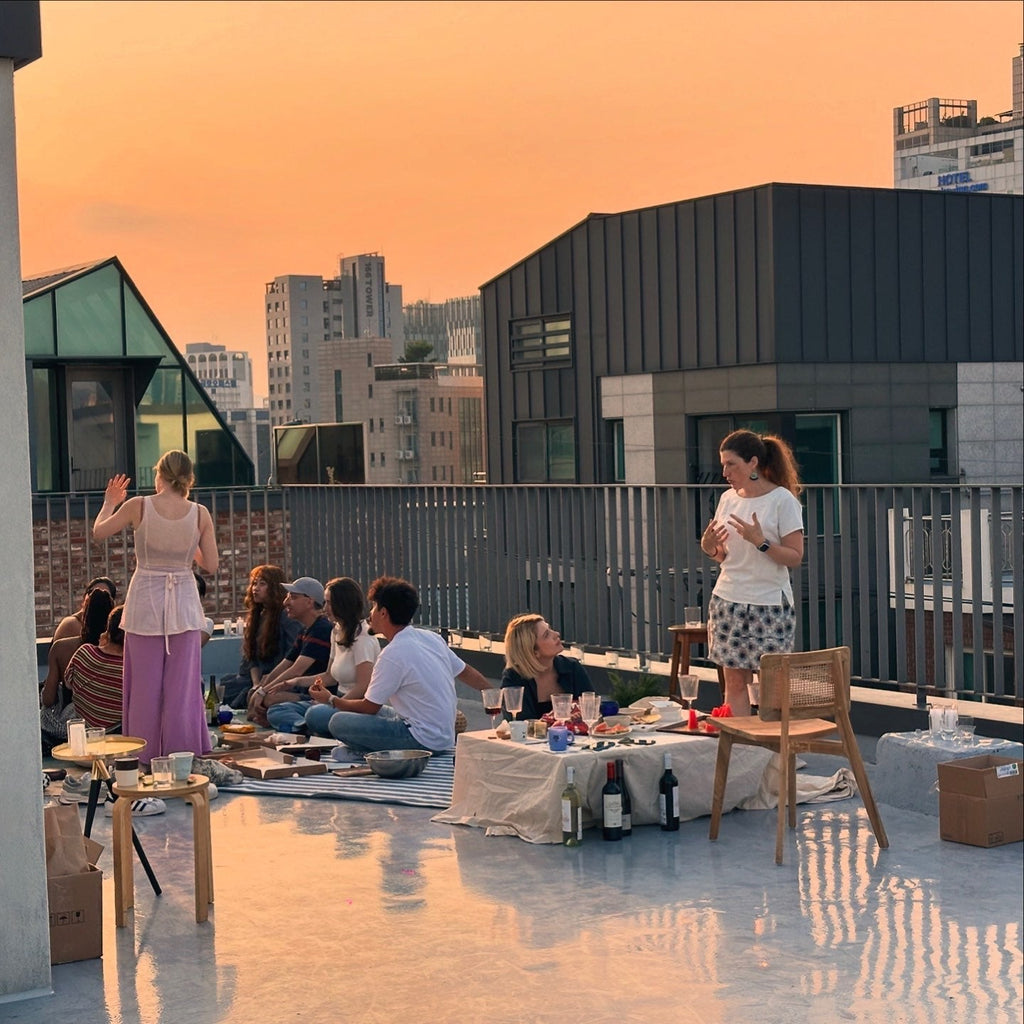  SMK Wine Party people sitting on the rooftop dressed in smk dancewear